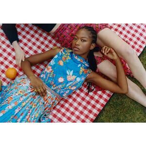 Saloni Fleur-e Pleated Printed Satin-jacquard Midi Dress Sapphire Falls Size XS